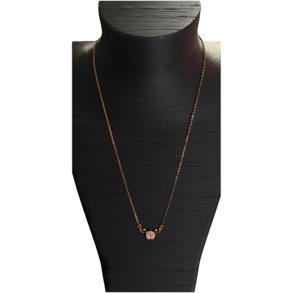 Vtg 1928 Jewelry Pink Flower Necklace Antique Gold Tone Floral Pendant Romantic